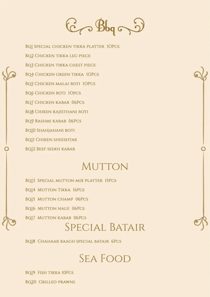 Chahaar Baagh BBQ Menu