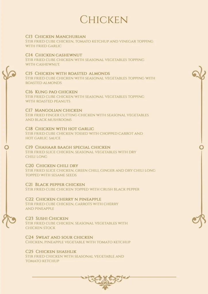 Chahaar Baagh Chinese Menu 2