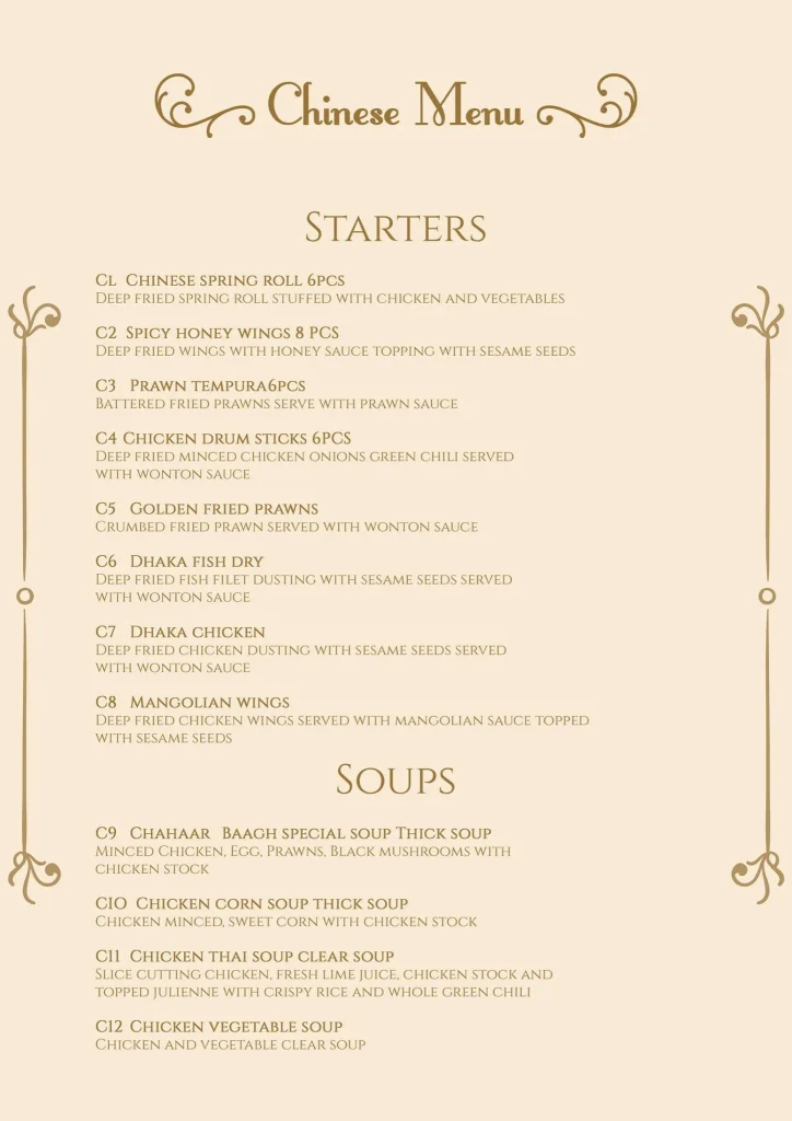 Chahaar Baagh Chinese Menu
