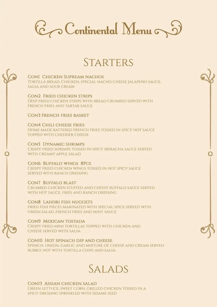 Chahaar Baagh Continental Menu