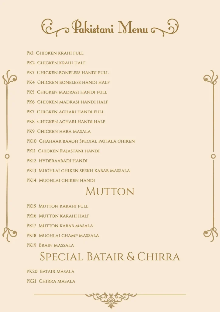 Chahaar Baagh Pakistani Menu