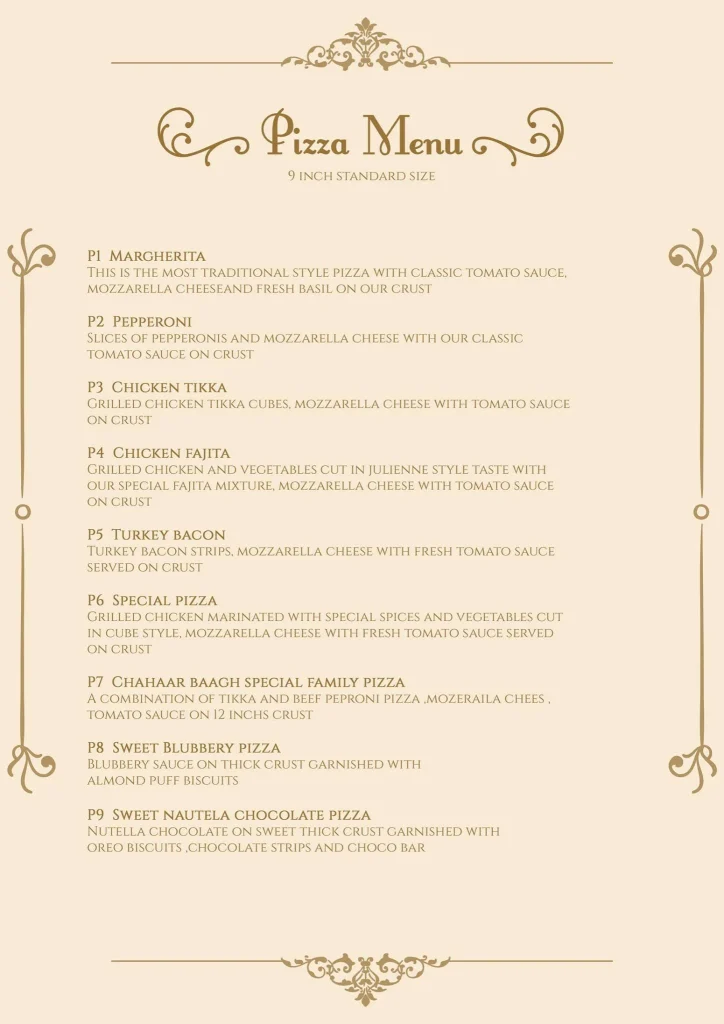 Chahaar Baagh Pizza Menu