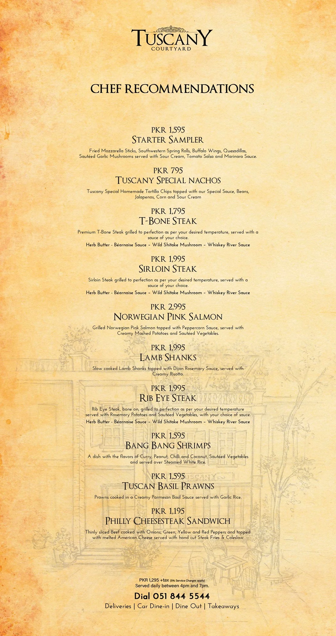 Tuscany Courtyard Chef Recomendation Menu