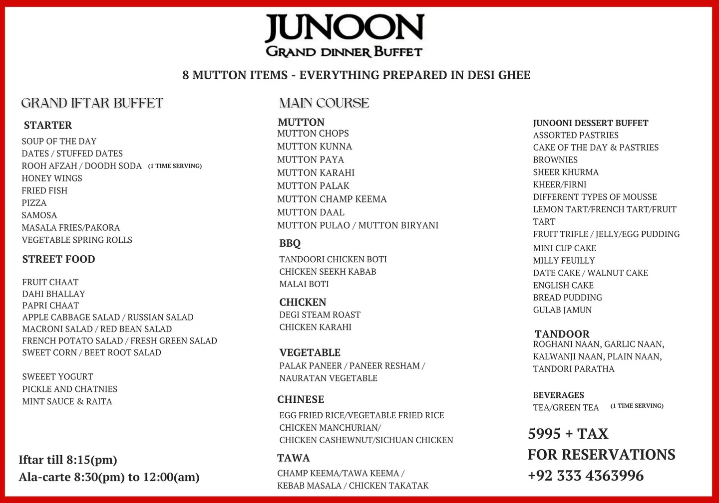 Junoon restaurant Grand dinner buffet