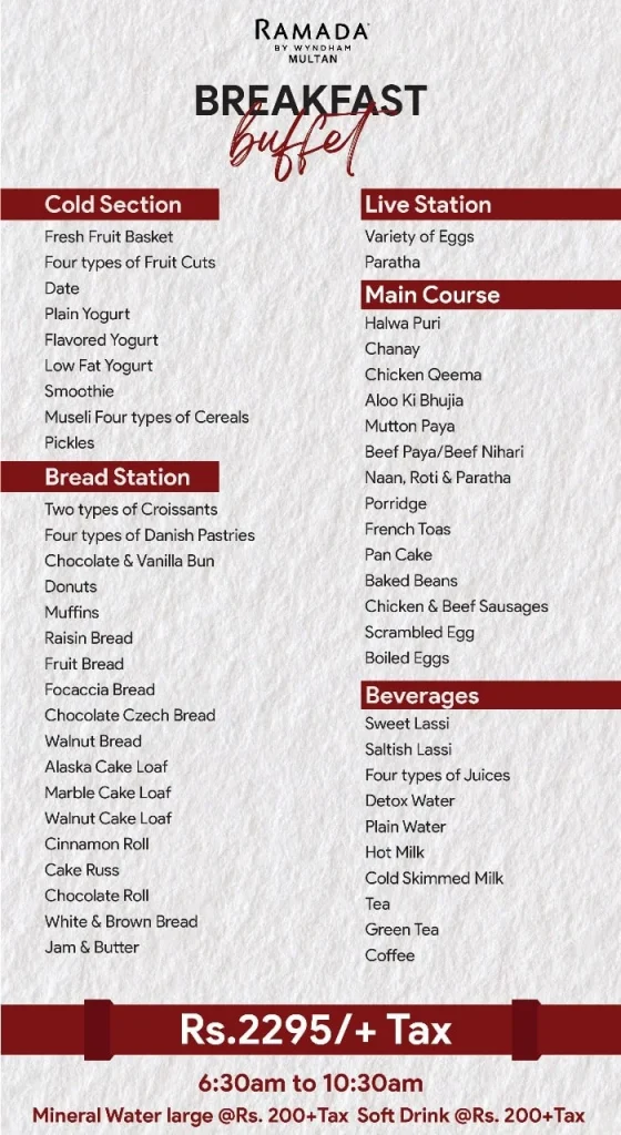 Ramada Restaurant Multan Menu Breakfast