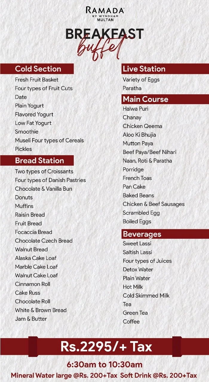 Ramada Restaurant Multan Menu Breakfast