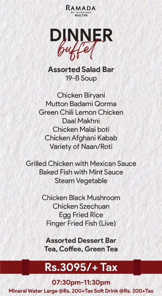 Ramada Restaurant Multan Menu Dinner
