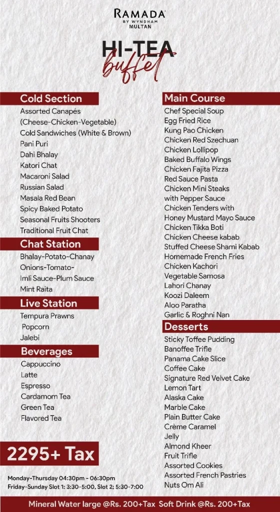 Ramada Restaurant Multan Menu Hi Tea Buffet