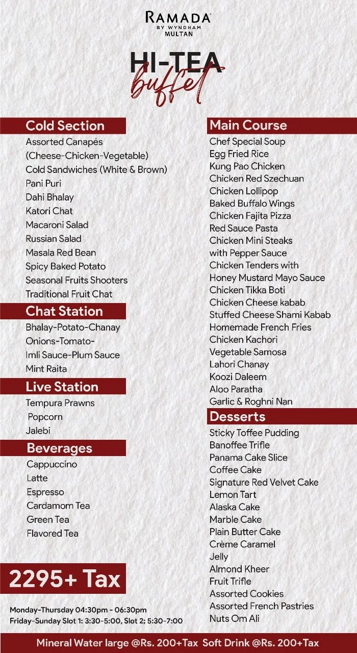 Ramada Restaurant Multan Menu Hi Tea Buffet