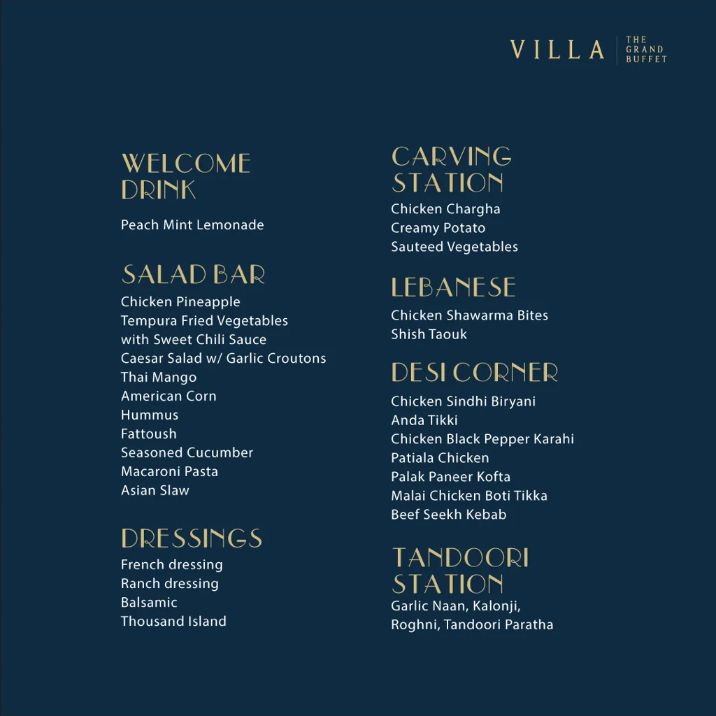 Villa the grand Buffet Menu